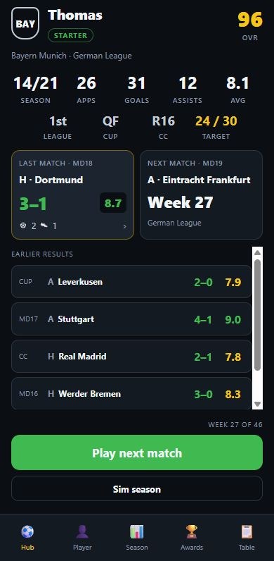 The season hub: last and next match, season stats, recent results
